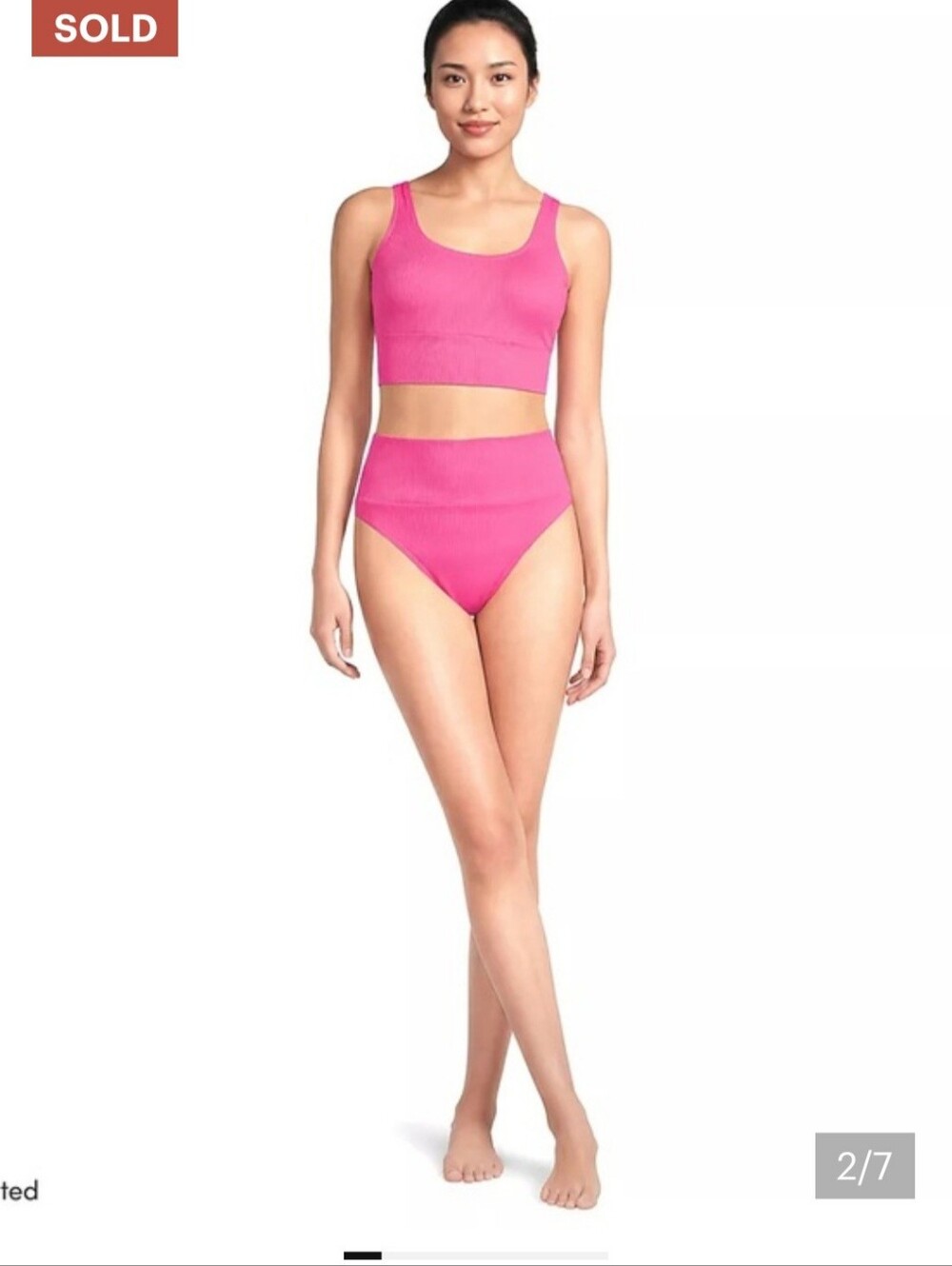 Lands’ End Pink Tugless Ribbed Midkini and High Waisted Bottom Swim Set Large - Picture 11 of 11